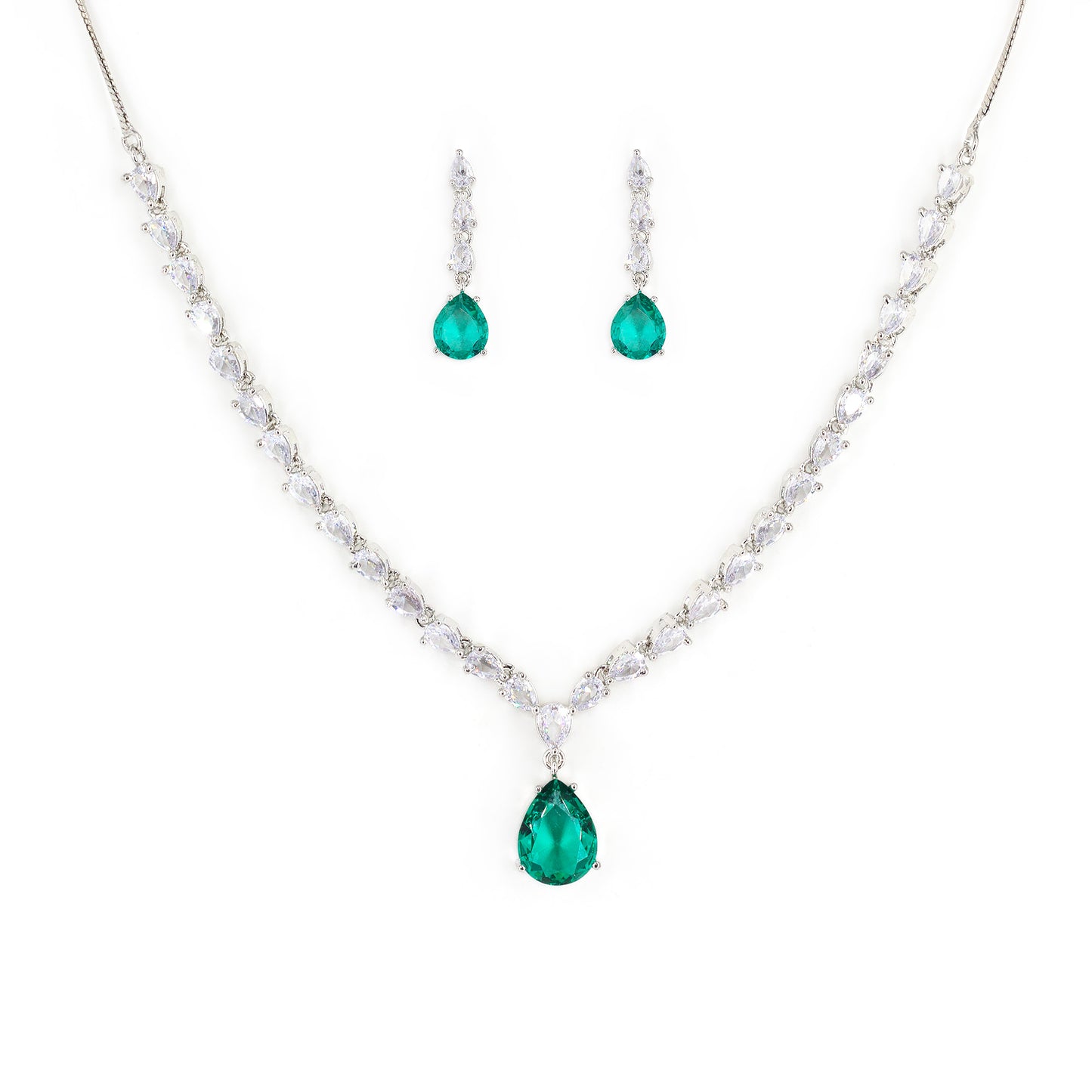 Silver Plated Green & White AD Jewellery Set