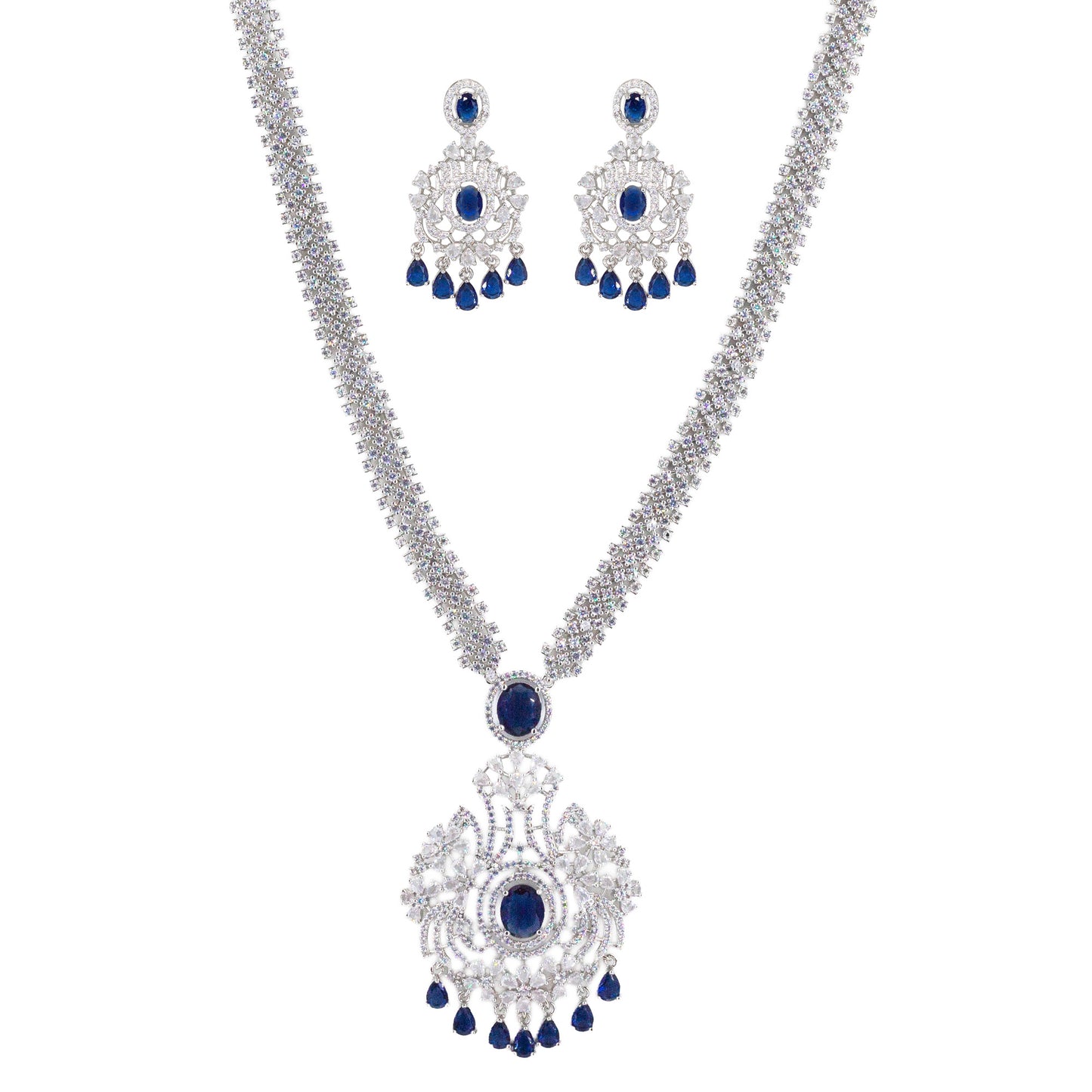 Silver Plated Blue and White AD Long Jewellery Set for Women