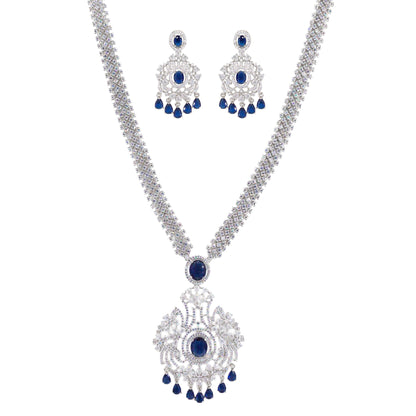 Silver Plated Blue and White AD Long Jewellery Set for Women