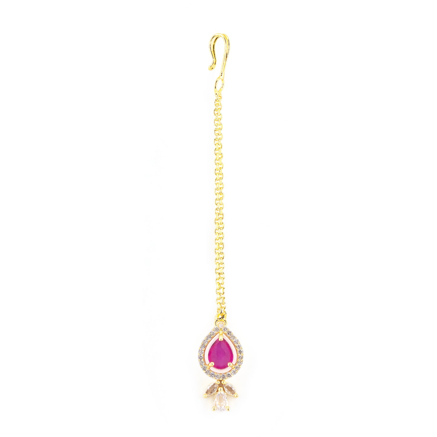 Gold Plated Ruby American Diamond Teardrop Maang Tikka for Women and Girls