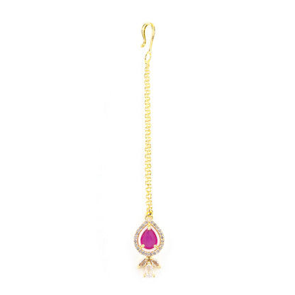 Gold Plated Ruby American Diamond Teardrop Maang Tikka for Women and Girls