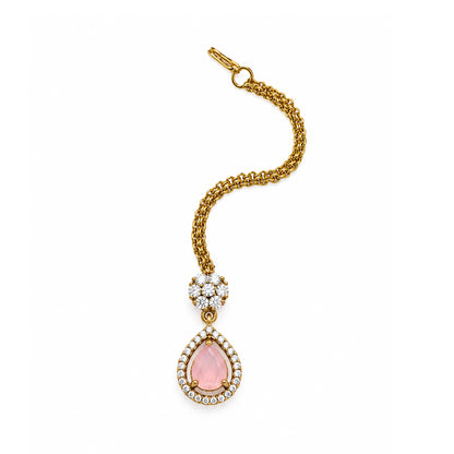 Antique Gold Plated Pink AD Maang Tikka for Women