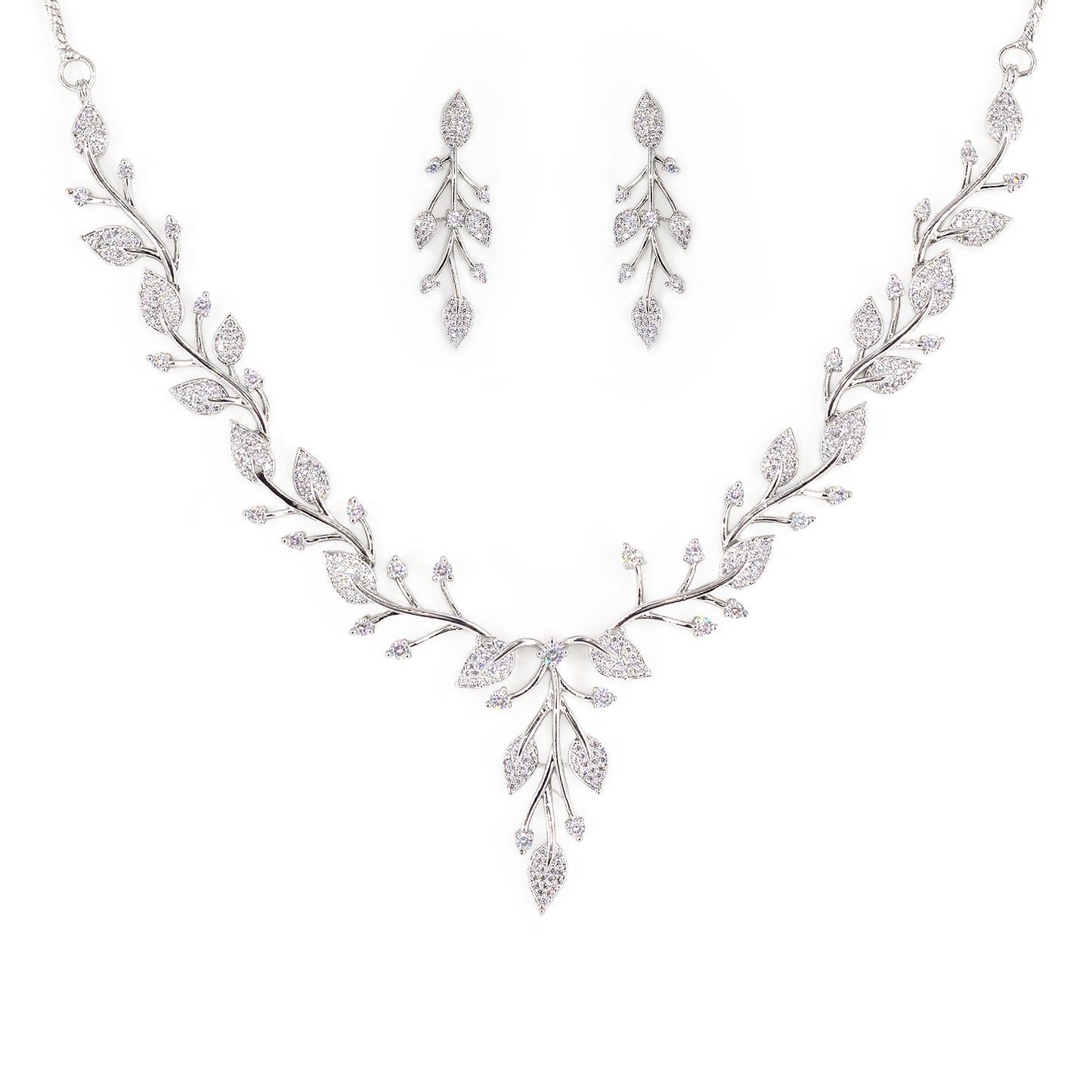 Silver Plated White AD Leaf Designer Jewellery Set