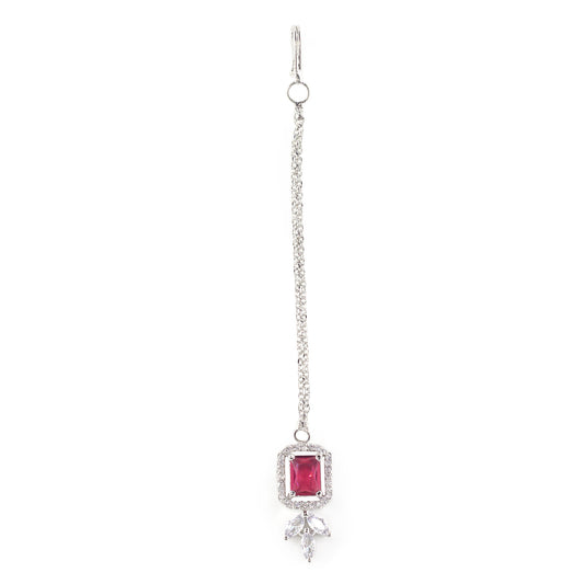 Rhodium Plated Red AD Maang Tikka for Women