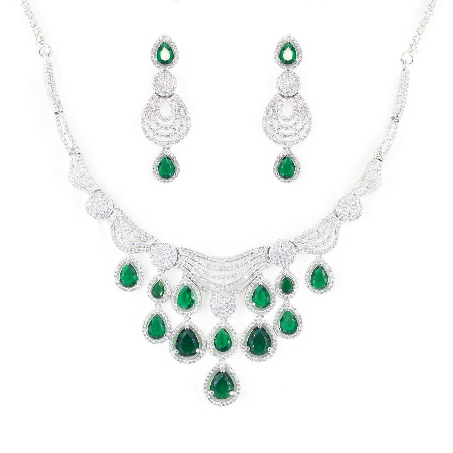 Silver Plated Green & White AD Designer Jewellery Set