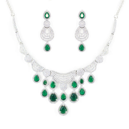 Silver Plated Green & White AD Designer Jewellery Set