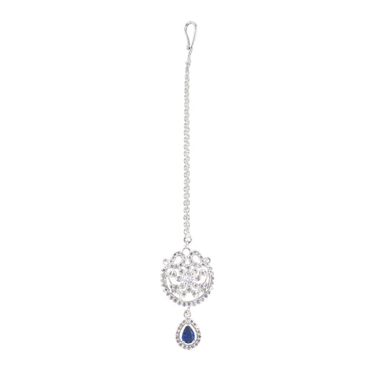 Silver Plated Blue AD Floral Maang Tikka for Women