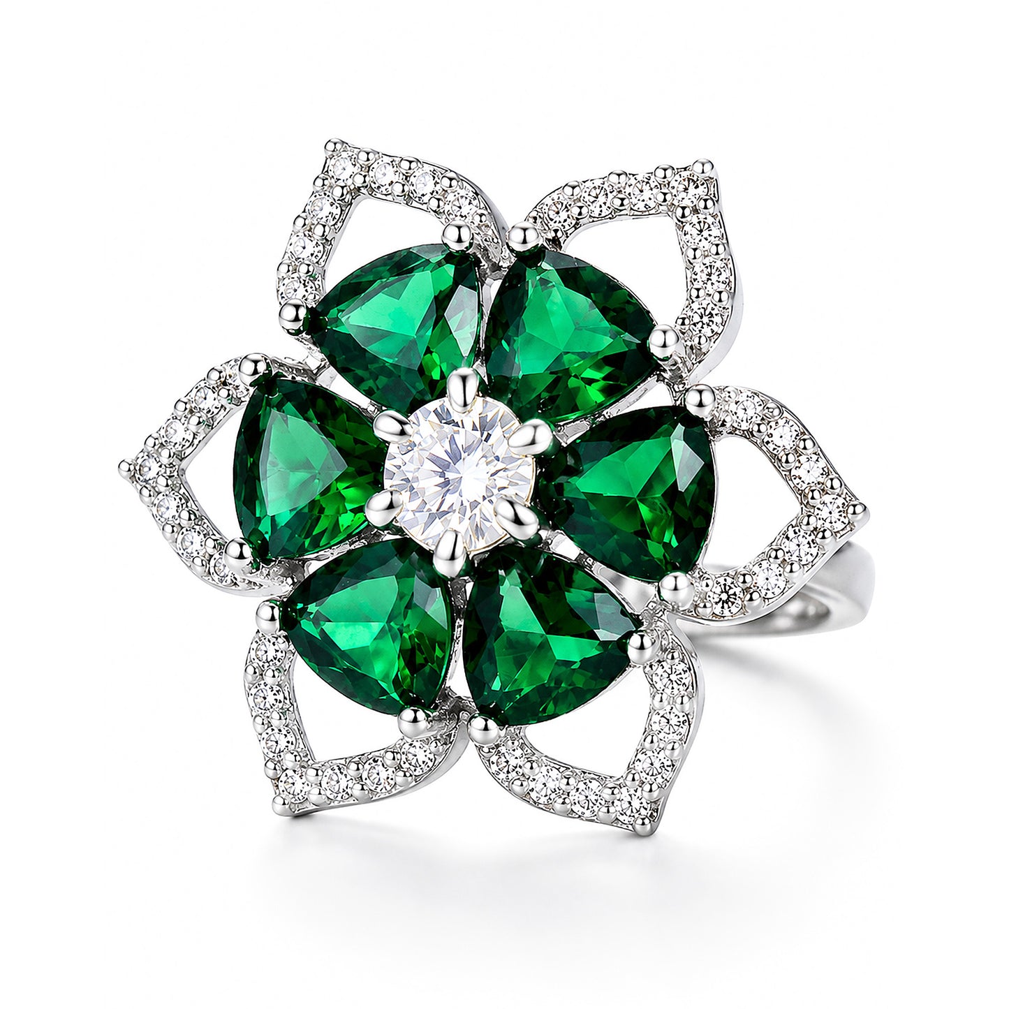 Rhodium Plated Green AD Floral Finger Ring for Women