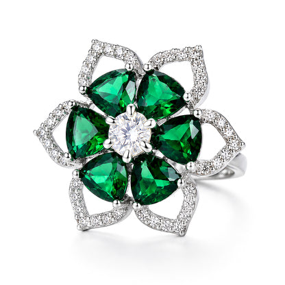 Rhodium Plated Green AD Floral Finger Ring for Women