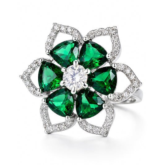 Rhodium Plated Green AD Floral Finger Ring for Women