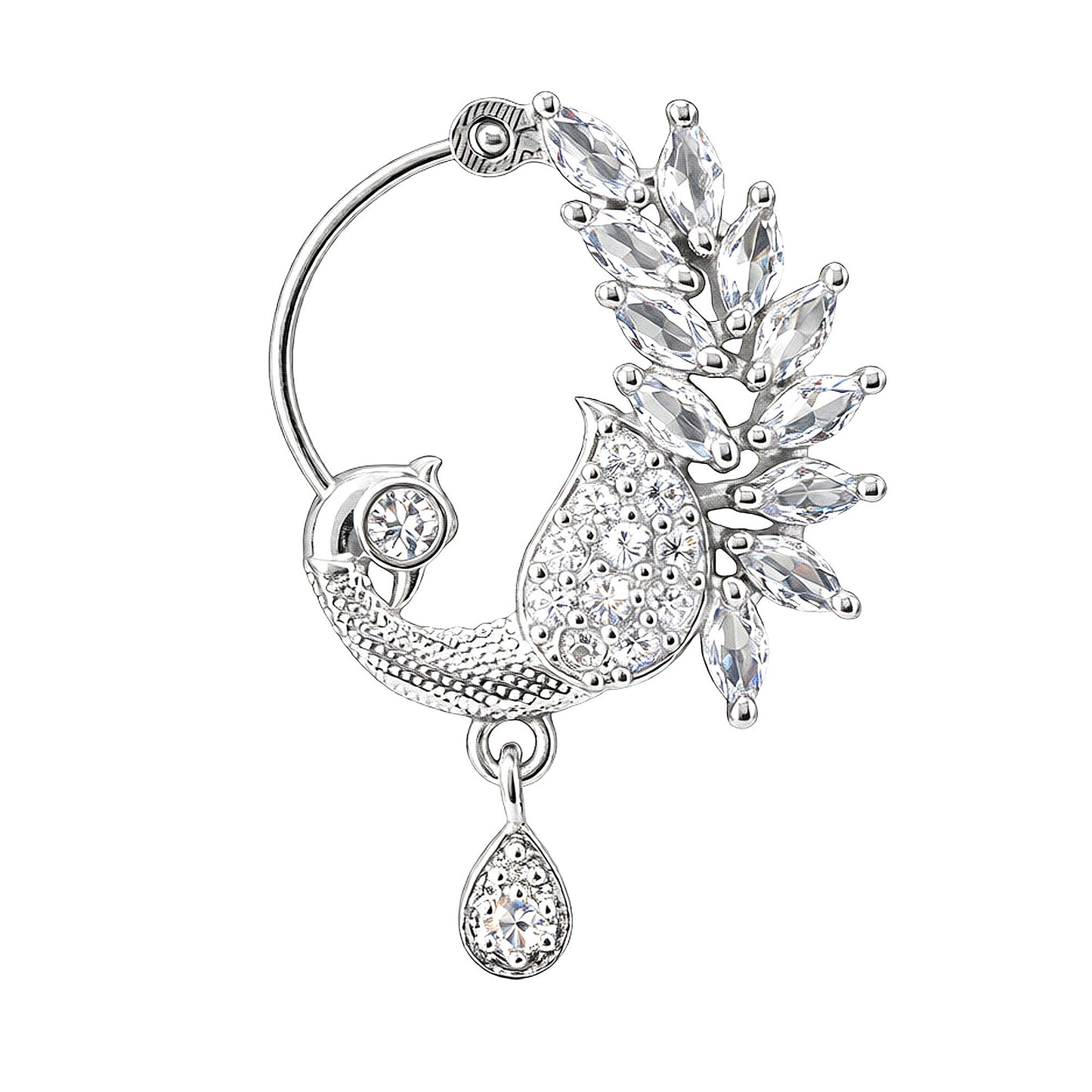 Silver Plated White AD Peacock Nose Ring for Women
