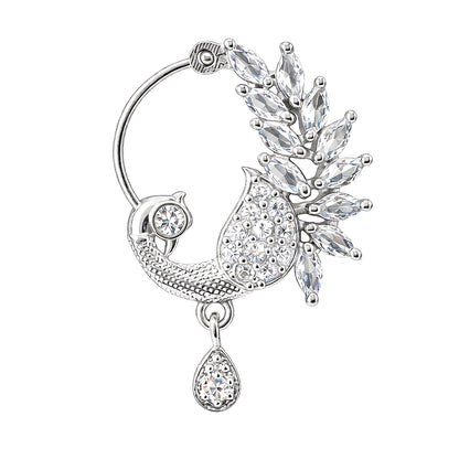 Silver Plated White AD Peacock Nose Ring for Women
