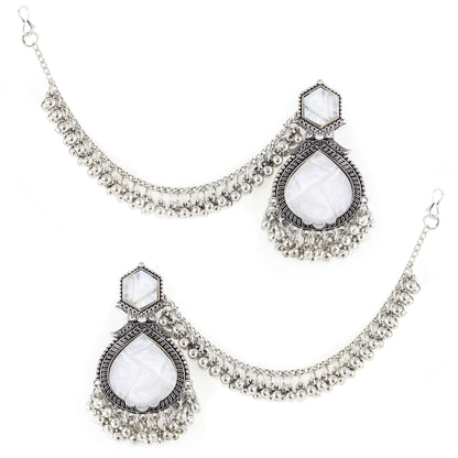 Silver Oxidised White Jhumka Earring with Chain for Women