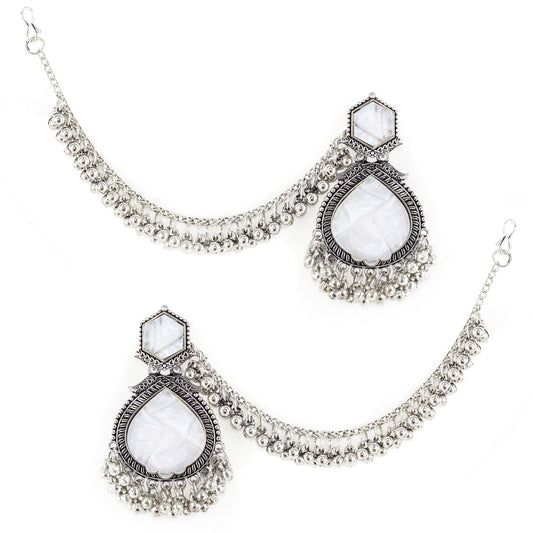 Silver Oxidised White Jhumka Earring with Chain for Women