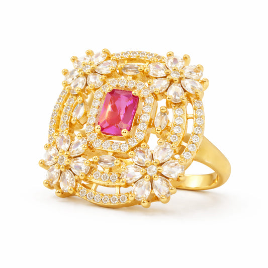 Gold Plated Red AD Floral Adjustable Finger Ring for Women