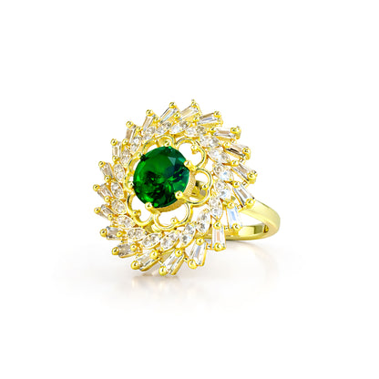 Gold Plated Green AD Adjustable Floral Ring for Women