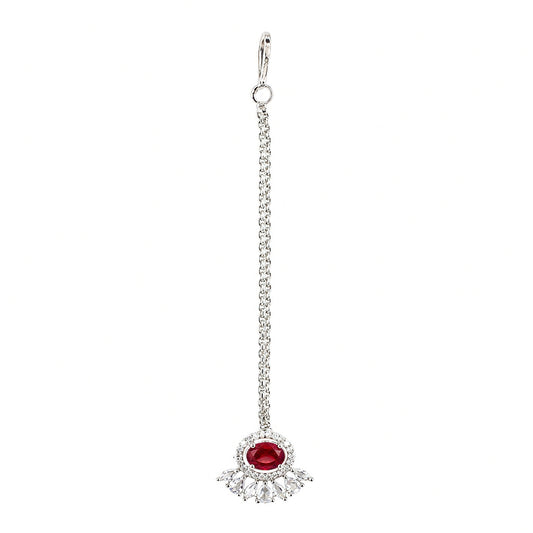 Silver Plated Red AD Maang Tikka for Women