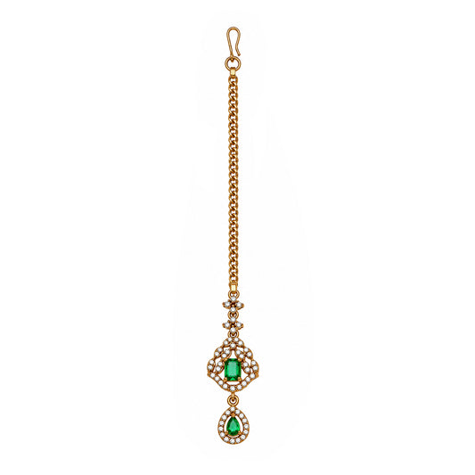 Antique Gold Plated Green AD Maang Tikka for Women