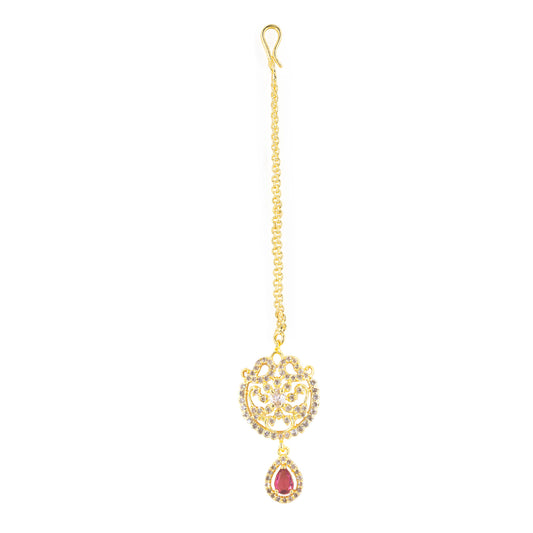 Gold Plated Red AD Floral Maang Tikka for Women