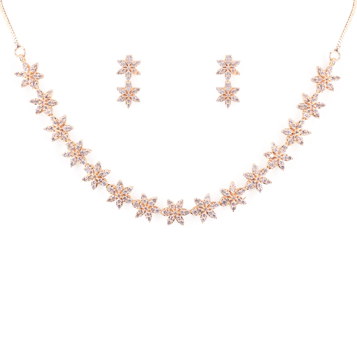 Rose Gold Plated American Diamond Floral Jewellery Set for Women