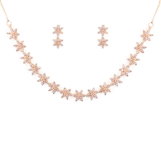 Rose Gold Plated American Diamond Floral Jewellery Set for Women