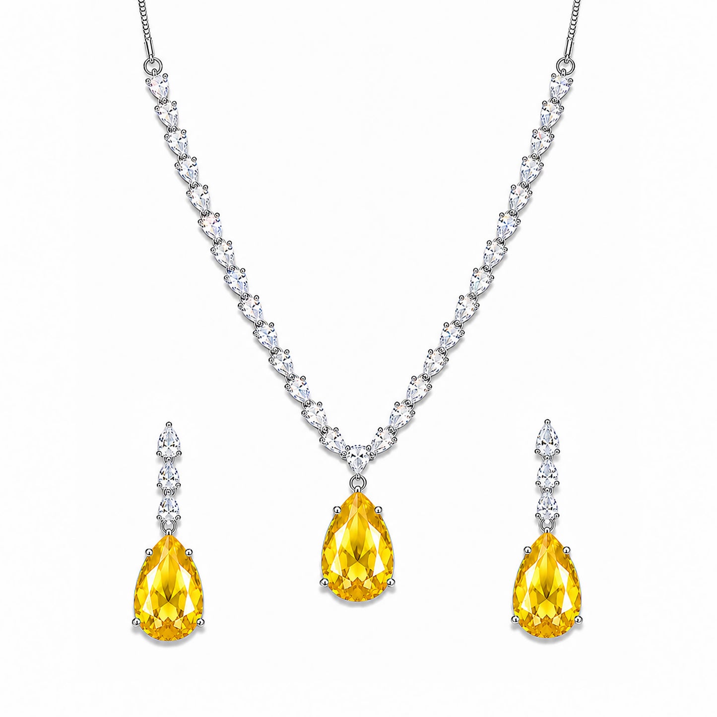 Silver Plated Yellow Teardrop AD Jewellery Set for Women