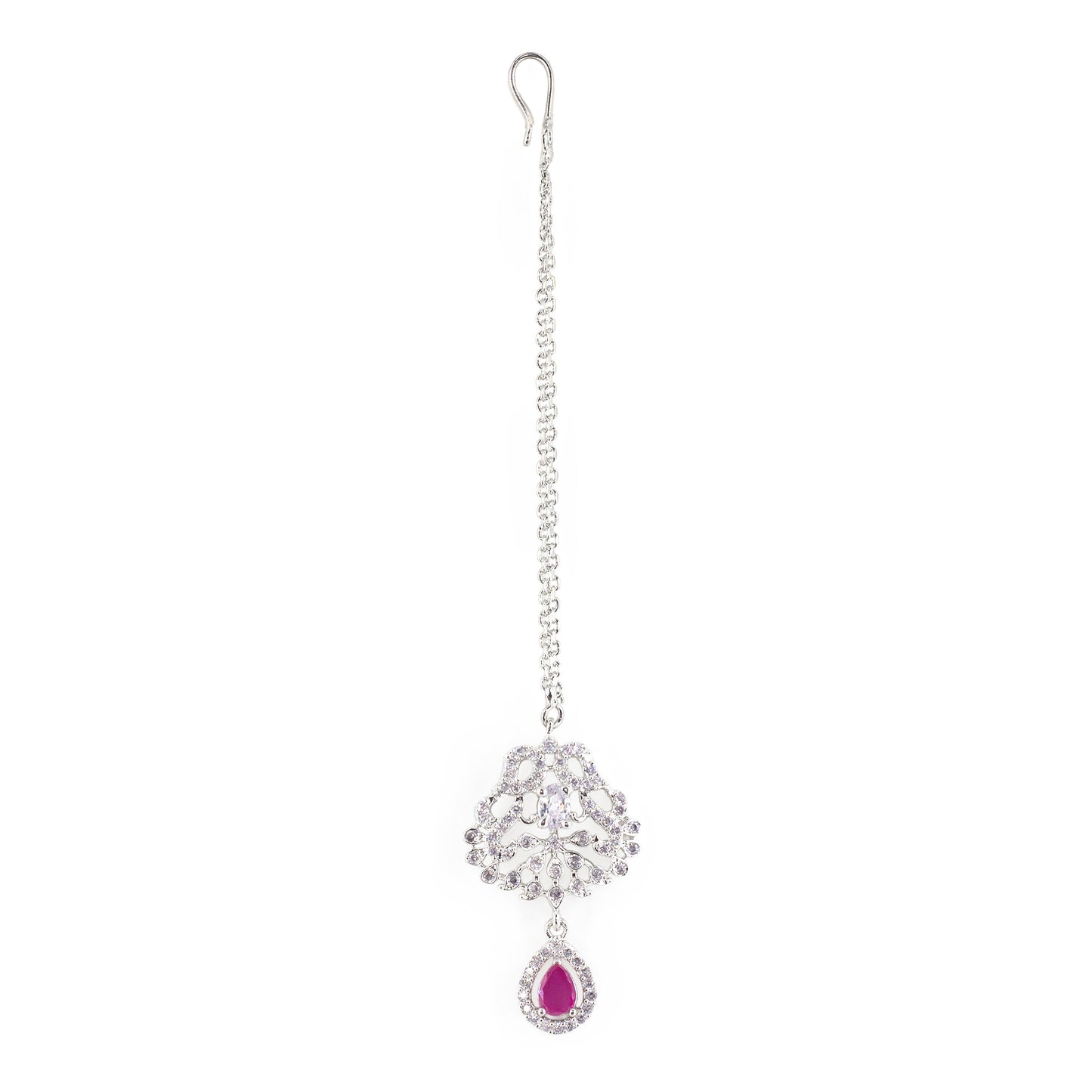 Rhodium Plated Pink AD Maang Tikka for Women