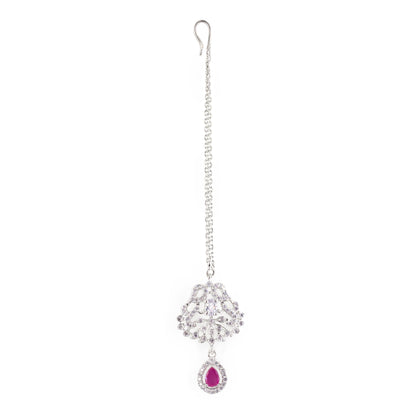 Rhodium Plated Pink AD Maang Tikka for Women