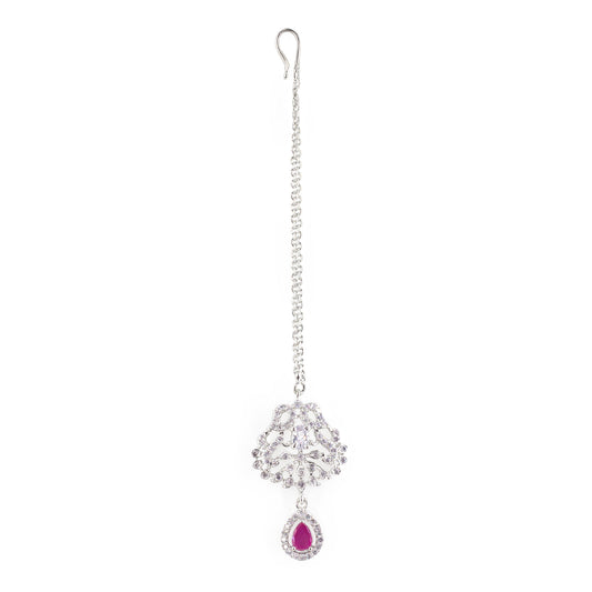 Rhodium Plated Pink AD Maang Tikka for Women