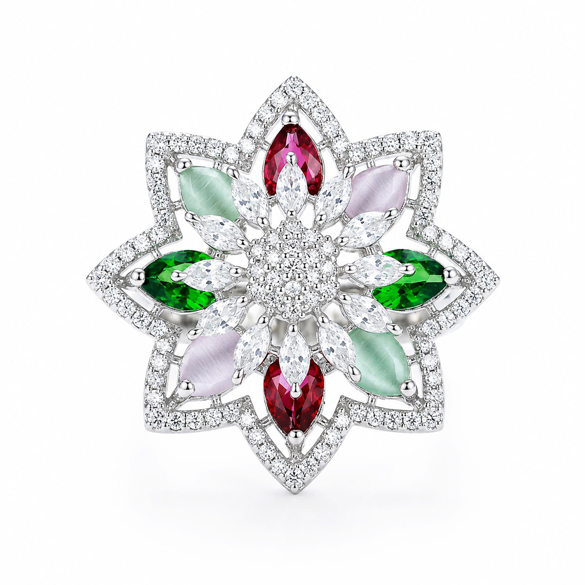 Silver Plated Multi AD Floral Finger Ring for Women