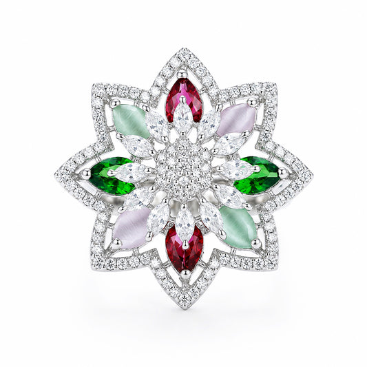 Silver Plated Multi AD Floral Finger Ring for Women
