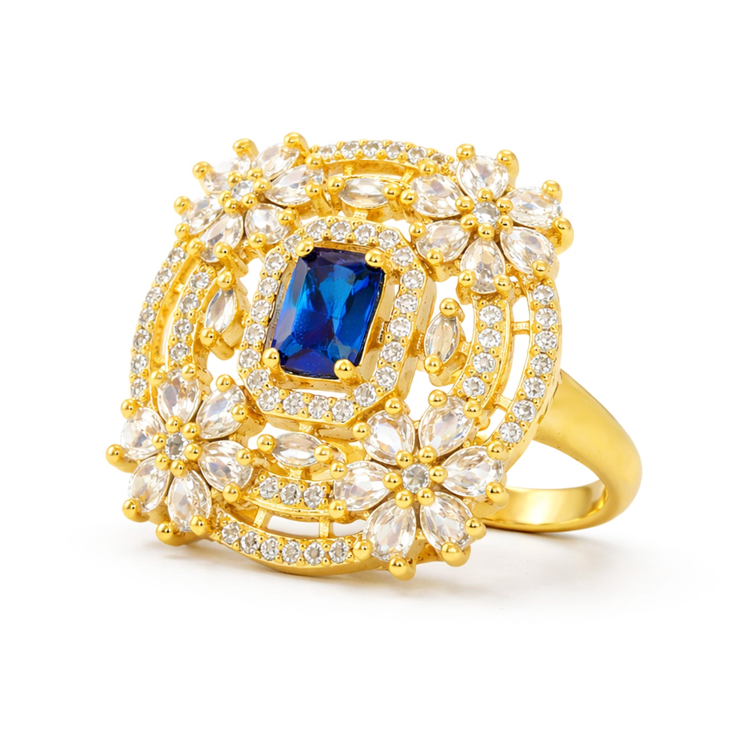 Gold Plated Blue AD Floral Adjustable Finger Ring for Women