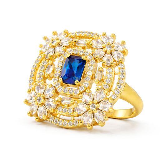 Gold Plated Blue AD Floral Adjustable Finger Ring for Women