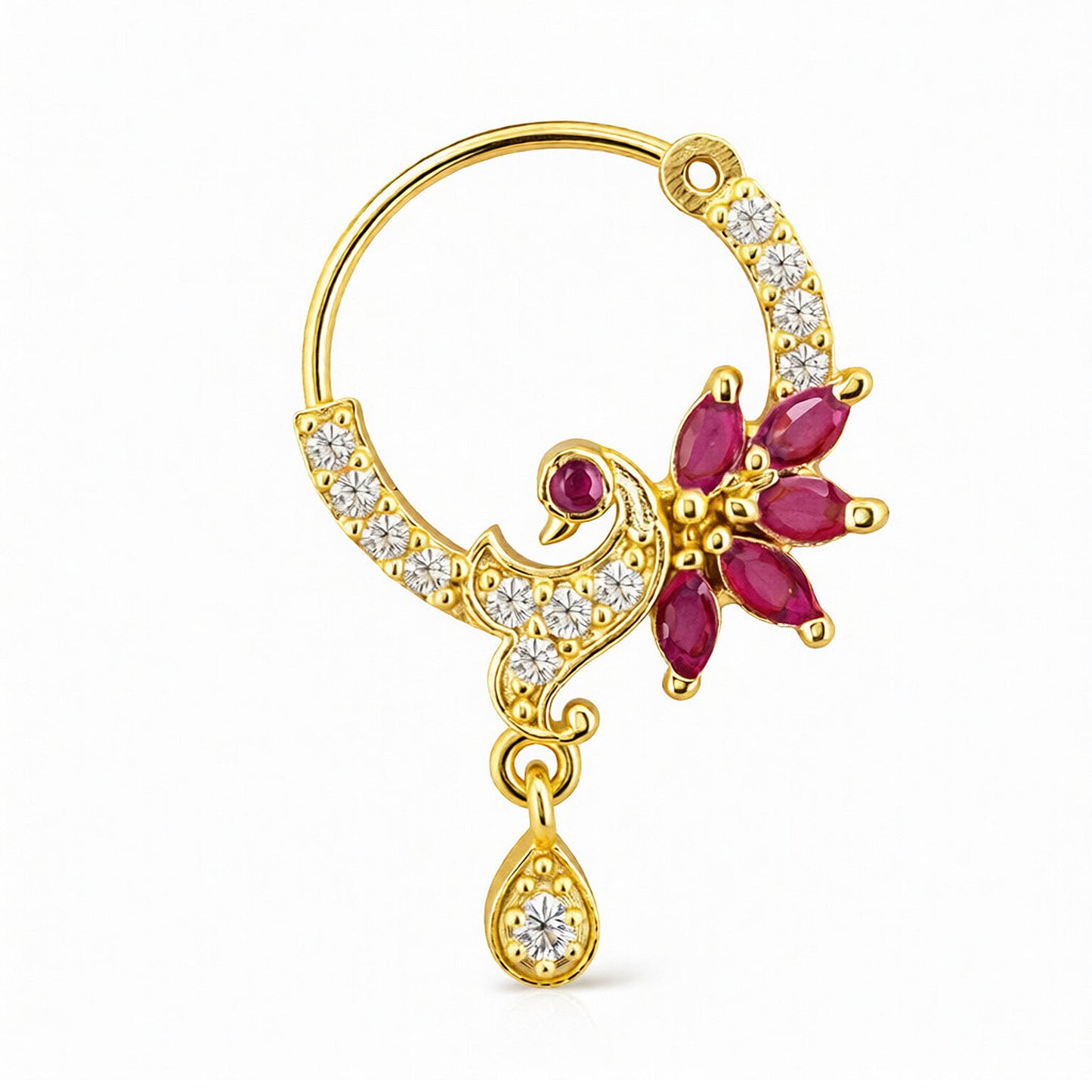 Gold Plated Red AD Drop Nose Ring for Women