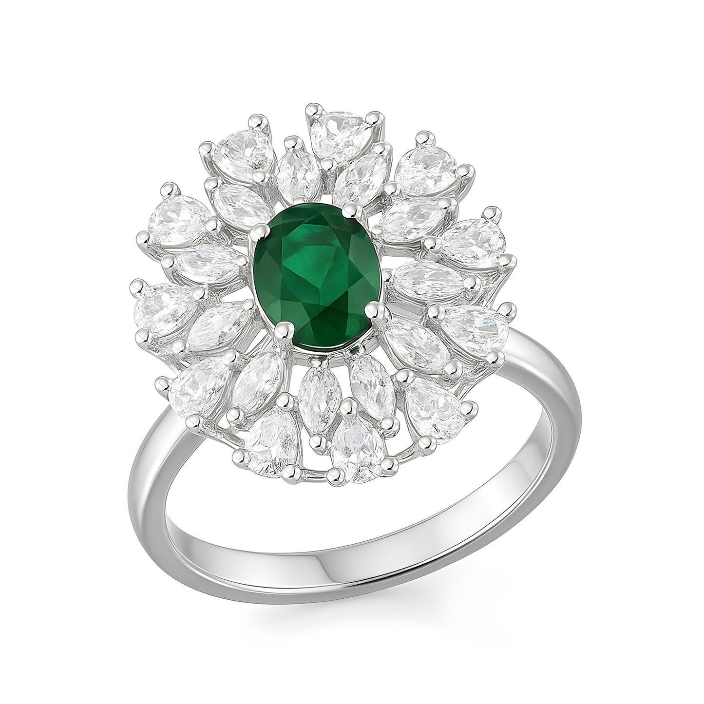 Silver Plated Green AD Floral Adjustable Ring for Women