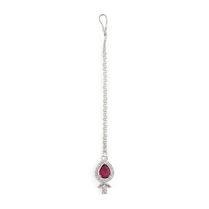 Silver Plated Red American Diamond Maang Tikka for Women