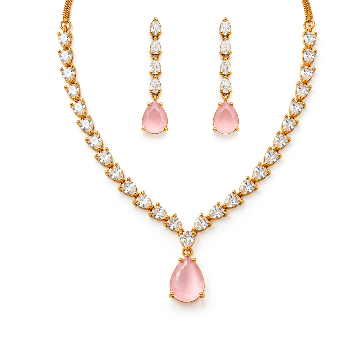 South Indian Gold Plated Pink AD Teardrop Jewellery Set for Women