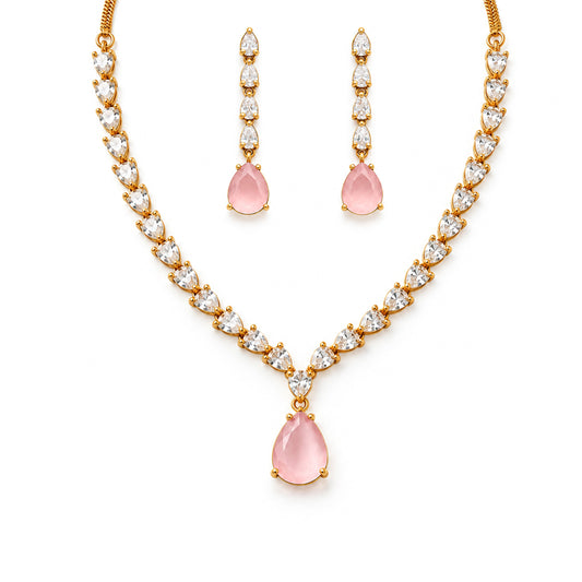 South Indian Gold Plated Pink AD Teardrop Jewellery Set for Women