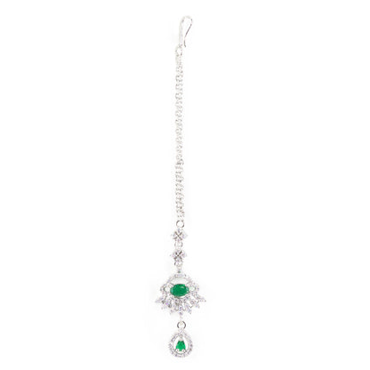 Silver Plated Green AD Drop Maang Tikka for Women