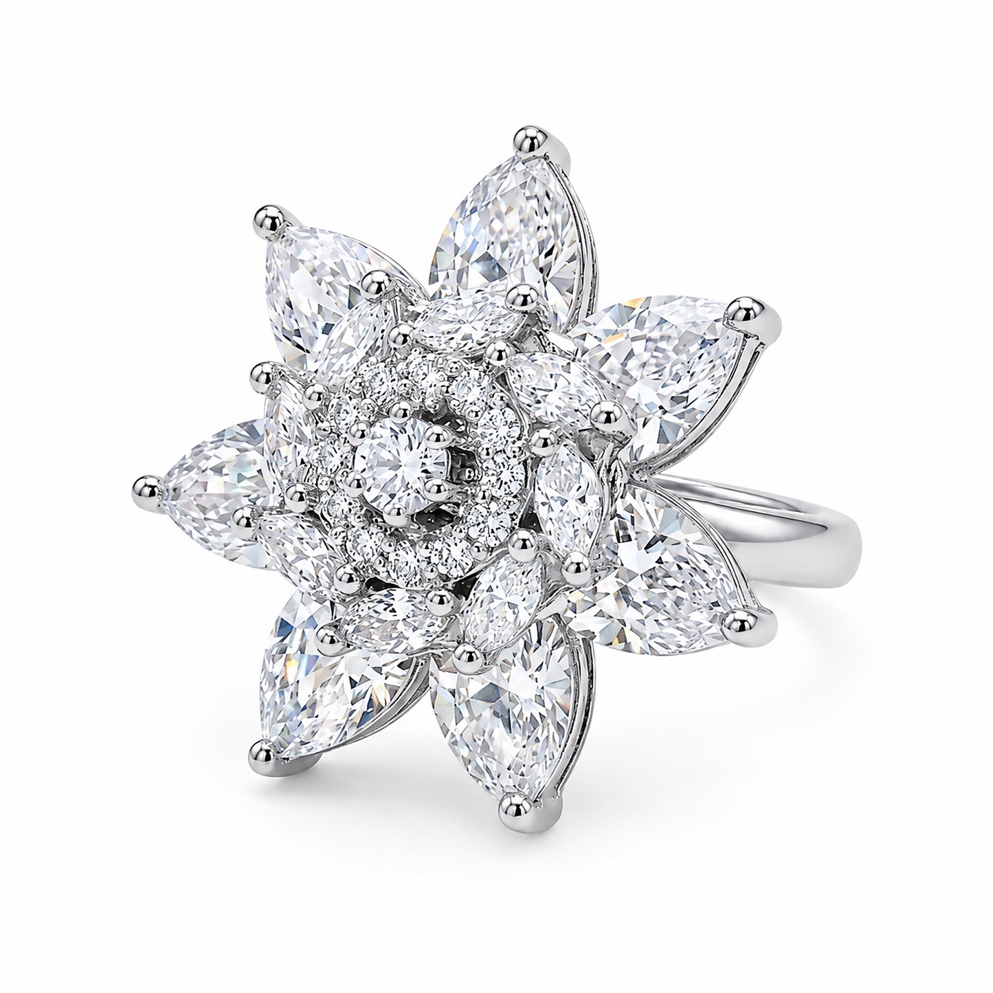 Rhodium Plated AD Floral Finger Ring for Women
