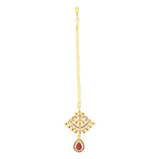 Gold Plated Red AD Maang Tikka for Women
