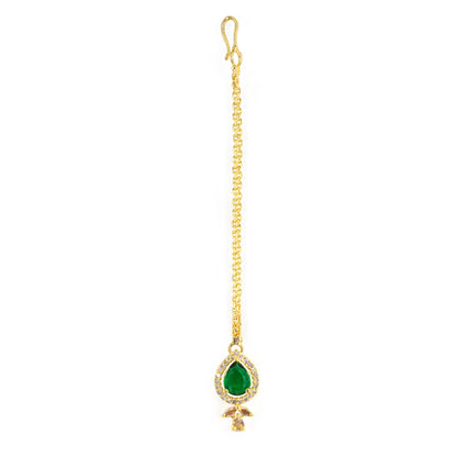 Gold Plated Green American Diamond Maang Tikka for Women