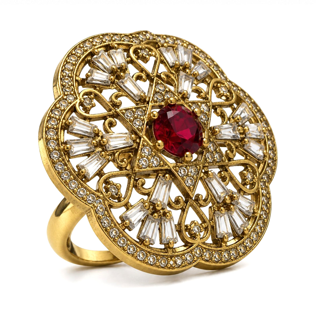 Antique Gold Plated Red AD Finger Ring for Women