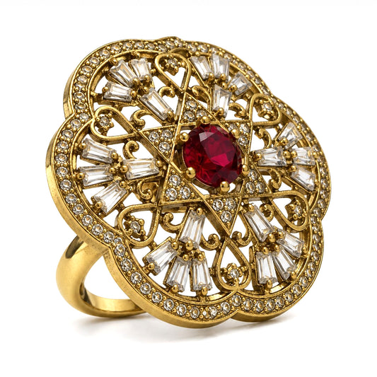 Antique Gold Plated Red AD Finger Ring for Women
