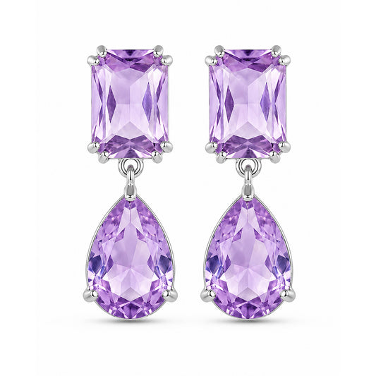 Rhodium Plated Purple American Diamond Teardrop Earrings