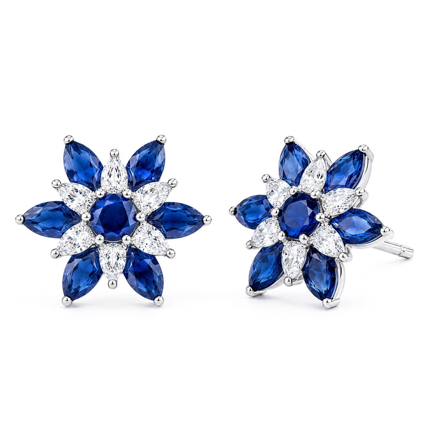 Rhodium Plated Blue AD Floral Stud Earrings for Women