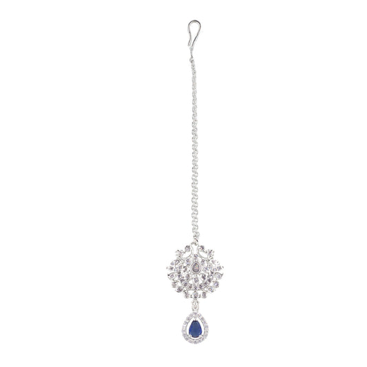 Rhodium Plated Blue AD Maang Tikka for Women