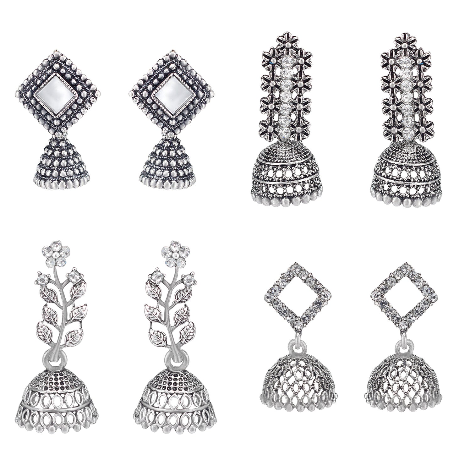 Set of 4 Silver Oxidised Jhumka Earrings for Women