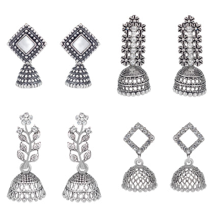 Set of 4 Silver Oxidised Jhumka Earrings for Women