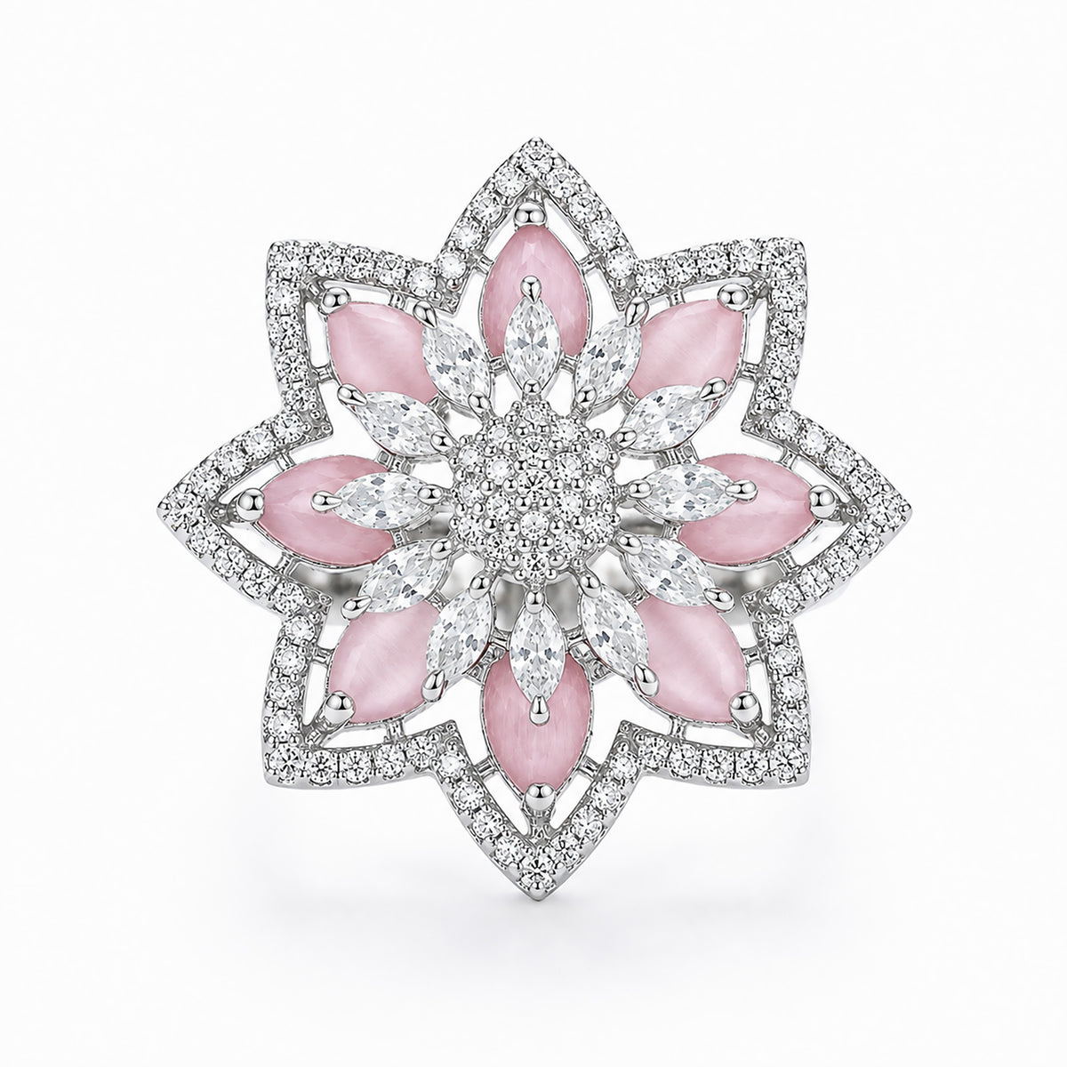 Silver Plated Pink AD Floral Finger Ring for Women